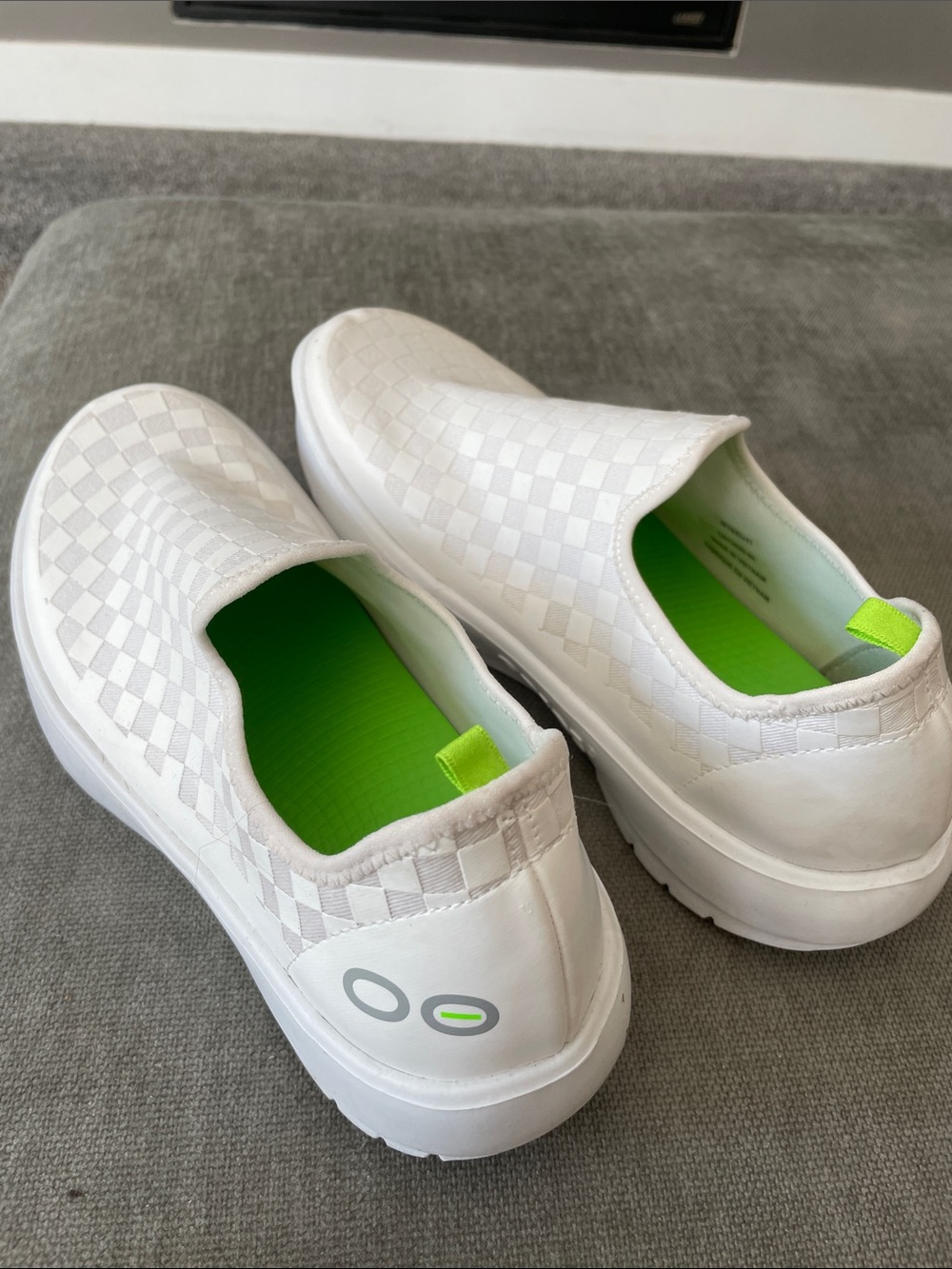 Oofos White Slip-On Checkerboard Sneakers with Neon Green Insole